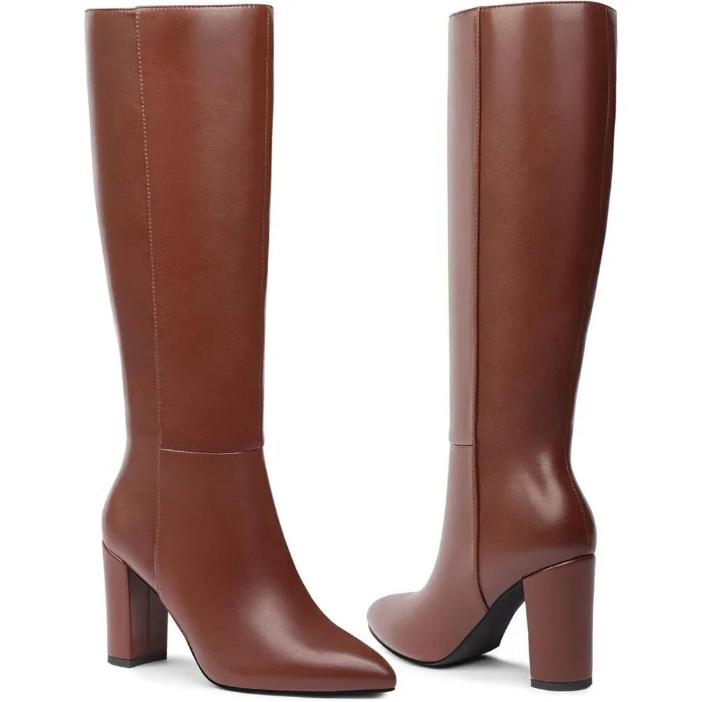 Women's Brown Classic Chunky Heel Pointed Toe High Heel Side Zipper Tall Boots